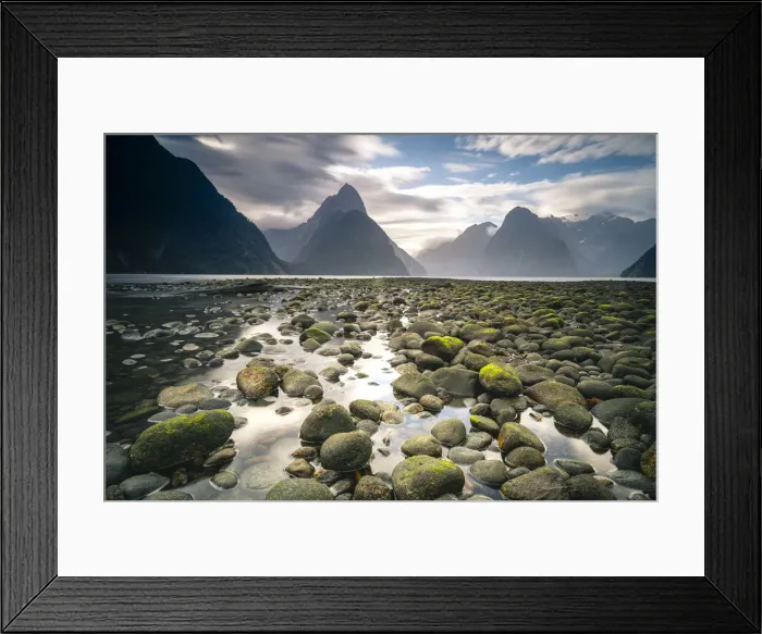 Framed Print : Scenic view of dramatic landscape in Milford Sound formed by glaciers Framed Print : Scenic view of dramatic landscape in Milford Sound formed by glaciers
