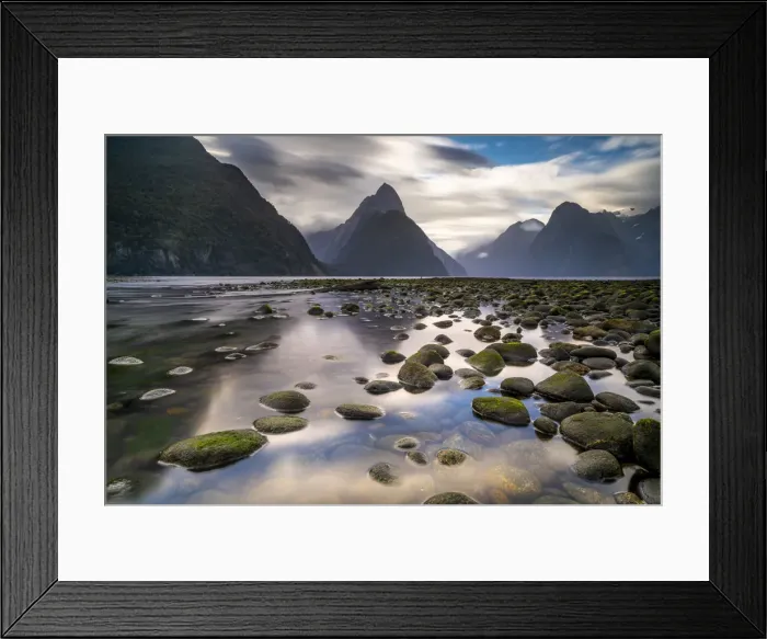 Framed Print : Scenic view of dramatic landscape in Milford Sound formed by glaciers