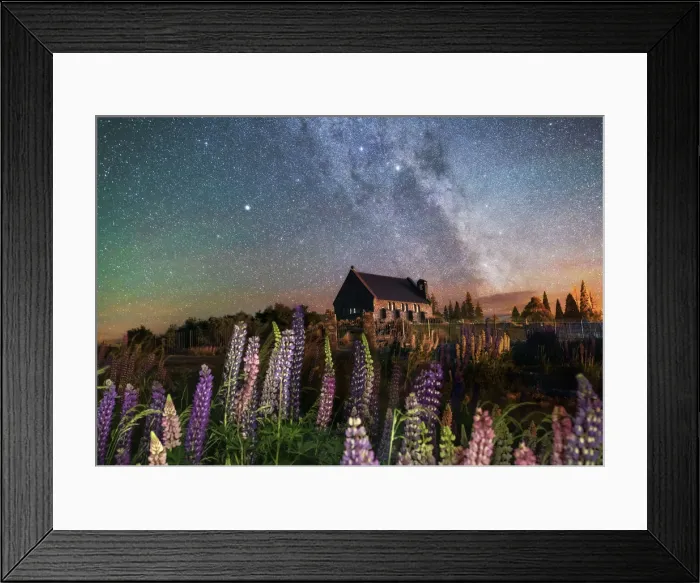 Framed Print : Night view of the Church of the Good Shepherd by Tekapo Lake with lupins in bloom Framed Print : Night view of the Church of the Good Shepherd by Tekapo Lake with lupins in bloom