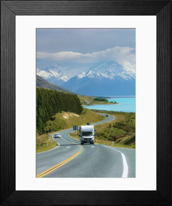Framed Print : A camper driving along the highway running near Pukaki lake with Mount Cook (Aoraki Framed Print : A camper driving along the highway running near Pukaki lake with Mount Cook (Aoraki