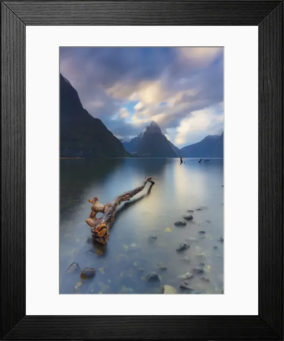 Framed Print : Mitre Peak reflecting in the fjord water at sunset at Milford Sound in New Zealand Framed Print : Mitre Peak reflecting in the fjord water at sunset at Milford Sound in New Zealand