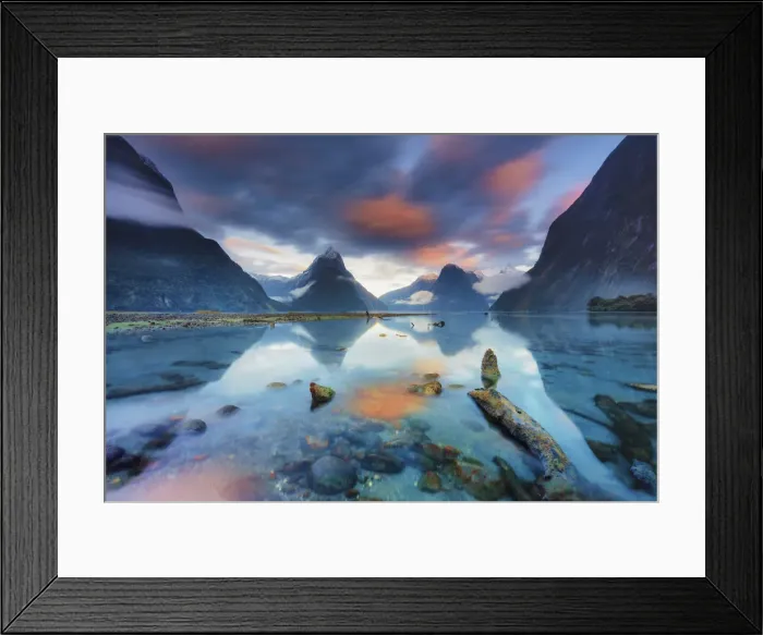 Framed Print : Mitre Peak reflecting in the fjord water at sunrise at Milford Sound in New Zealand Framed Print : Mitre Peak reflecting in the fjord water at sunrise at Milford Sound in New Zealand