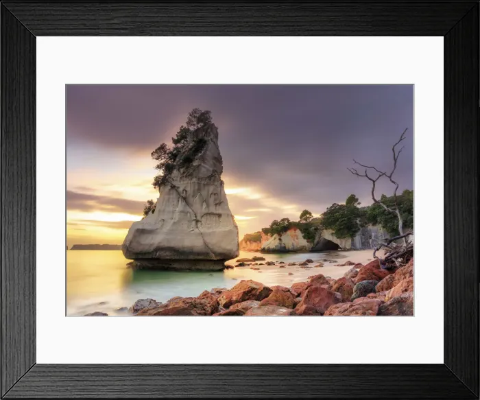 Framed Print : Sea stack at Cathedral Cove at sunrise, Coromandel, New Zealand Framed Print : Sea stack at Cathedral Cove at sunrise, Coromandel, New Zealand