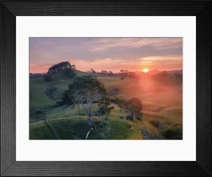 Framed Print : Aerial view of the rolling hills near Matamata at sunrise Framed Print : Aerial view of the rolling hills near Matamata at sunrise
