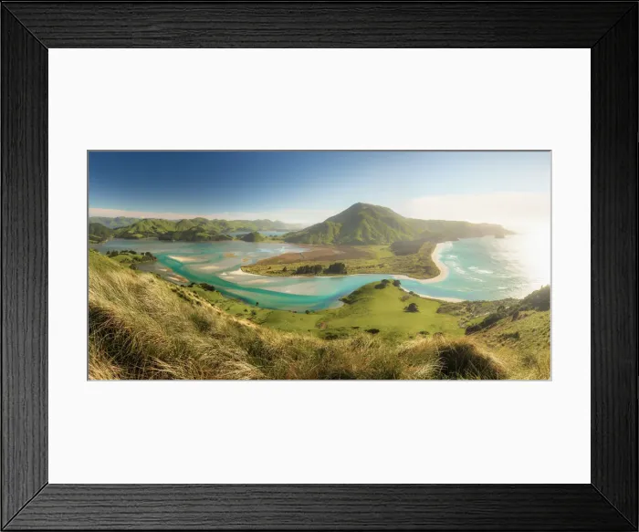 Framed Print : Elevated view of the Otago Peninsula near Dunedin with the sun rising on Hoopers inlet Framed Print : Elevated view of the Otago Peninsula near Dunedin with the sun rising on Hoopers inlet