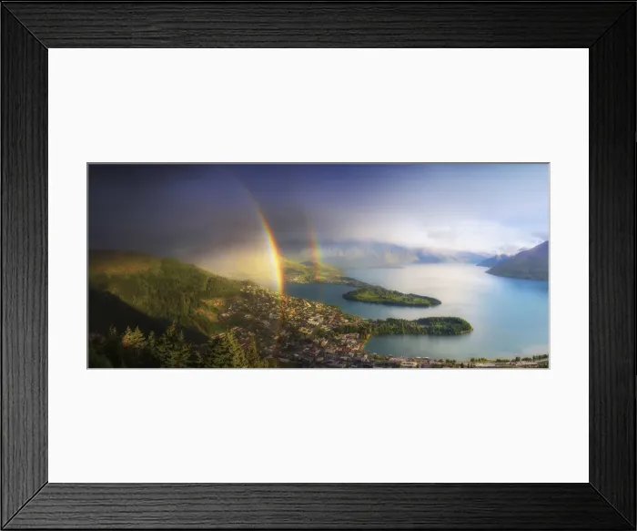 Framed Print : Elevated view of Queenstown and Wakatipu lake with a double rainbow, South Island