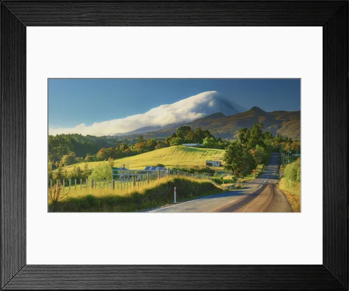 Framed Print : Panoramic view of the road loeading to Taranaki volcano in New Zealand northern island Framed Print : Panoramic view of the road loeading to Taranaki volcano in New Zealand northern island