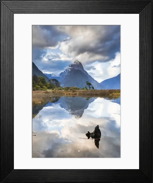 Framed Print : Mitre Peak reflecting in the fjord water at sunset at Milford Sound in New Zealand