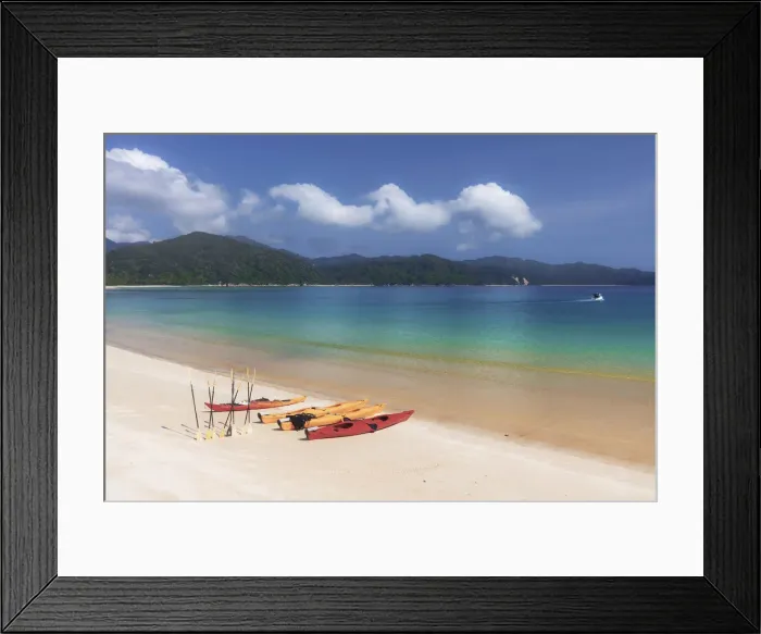 Framed Print : Three kayaks on the beach at Awaroa Inlet along the Abel Tasman national park Framed Print : Three kayaks on the beach at Awaroa Inlet along the Abel Tasman national park