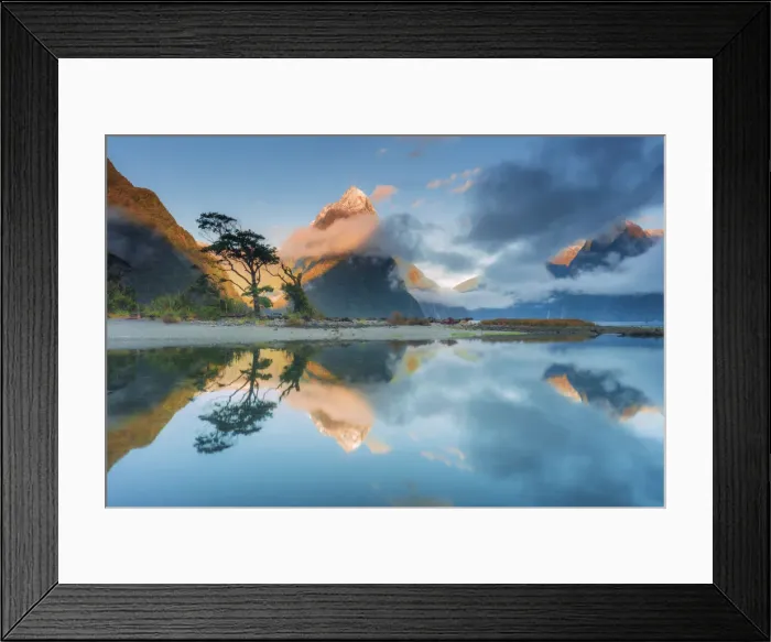 Framed Print : Mitre Peak reflecting in the fjord water at sunset at Milford Sound in New Zealand Framed Print : Mitre Peak reflecting in the fjord water at sunset at Milford Sound in New Zealand