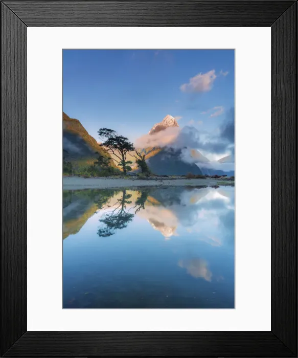 Framed Print : Mitre Peak reflecting in the fjord water at sunset at Milford Sound in New Zealand Framed Print : Mitre Peak reflecting in the fjord water at sunset at Milford Sound in New Zealand