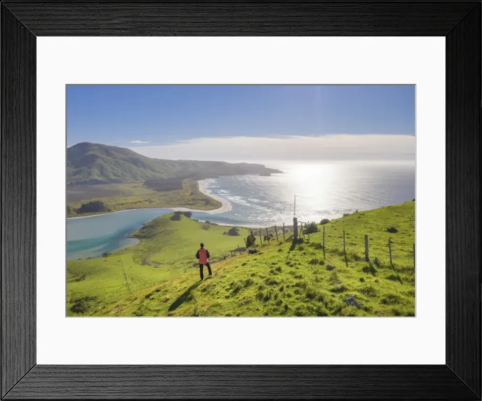 Framed Print : A woman enjoying the view of Hoopers inglet and the coastline near Dunedin in the Otago Framed Print : A woman enjoying the view of Hoopers inglet and the coastline near Dunedin in the Otago