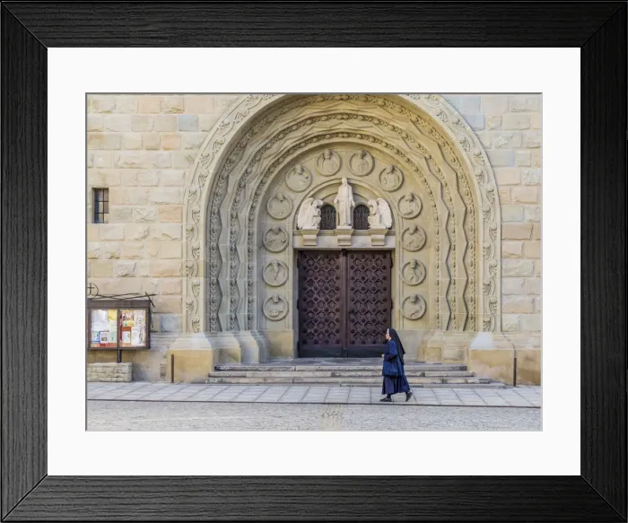 Framed Print : A nun walking past the Cathedral of St. Nicholas in Bielsko Biala, Silesian Voivodeship Framed Print : A nun walking past the Cathedral of St. Nicholas in Bielsko Biala, Silesian Voivodeship