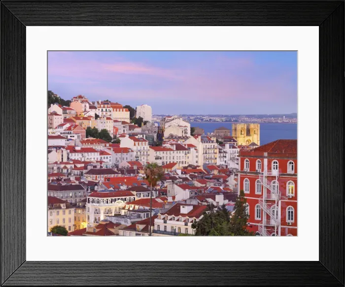 Framed Print : Portugal, Lisbon, Overview of Se Cathedral and city at Dusk