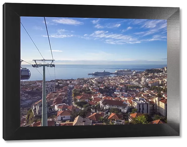 Portugal, Madeira, Funchal, View of cable car and Funchal harbour and town