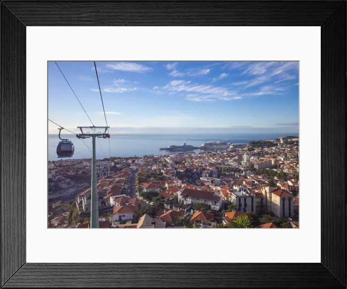 Framed Print : Portugal, Madeira, Funchal, View of cable car and Funchal harbour and town