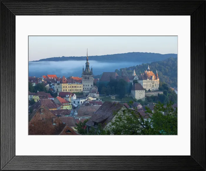 Framed Print : View at the old town of Sighisoara at dusk, Unesco World Heritage Site, Transylvania, Romania