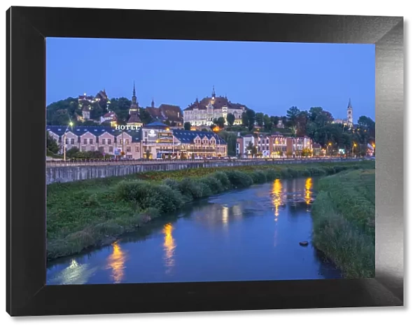 Tarnava Vare river with the old town of Sighisoara at dawn, Unesco World Heritage Site, Transylvania, Romania
