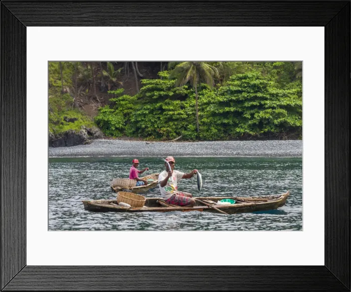 Framed Print : Africa, SA£o Toma and Principe. Fishermen in their traditional dugout canoes showing Framed Print : Africa, SA£o Toma and Principe. Fishermen in their traditional dugout canoes showing