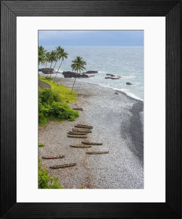 Framed Print : Africa, SA£o Toma and Principe. View towards a beach with the traditional fishing boats Framed Print : Africa, SA£o Toma and Principe. View towards a beach with the traditional fishing boats