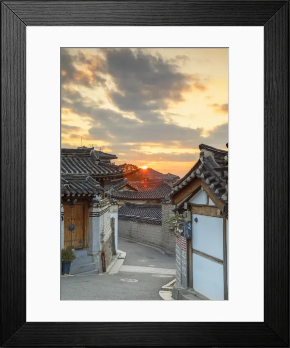 Framed Print : Traditional houses in Bukchon Hanok village at sunrise, Seoul, South Korea Framed Print : Traditional houses in Bukchon Hanok village at sunrise, Seoul, South Korea