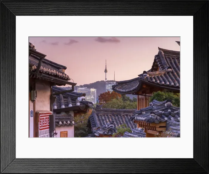 Framed Print : Traditional houses in Bukchon Hanok village and Namsan Seoul Tower at dusk, Seoul Framed Print : Traditional houses in Bukchon Hanok village and Namsan Seoul Tower at dusk, Seoul
