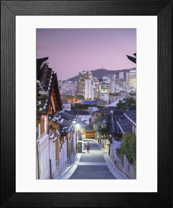 Framed Print : Traditional houses in Bukchon Hanok village at dusk, Seoul, South Korea