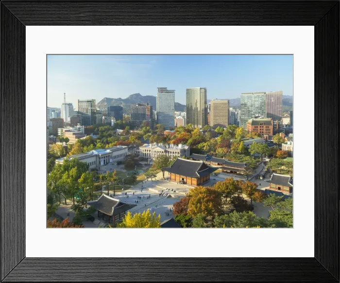 Framed Print : Elevated view of Deoksugung Palace and skyscrapers, Seoul, South Korea Framed Print : Elevated view of Deoksugung Palace and skyscrapers, Seoul, South Korea
