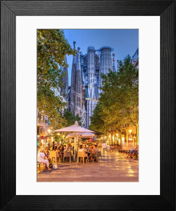 Framed Print : Outdoor cafe at Avinguda de Gaudi pedestrian mall with Sagrada Familia basilica church in Framed Print : Outdoor cafe at Avinguda de Gaudi pedestrian mall with Sagrada Familia basilica church in