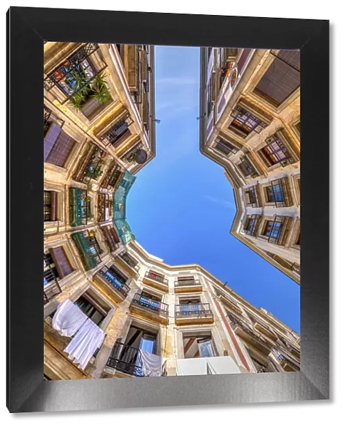 Low angle view of buildings in the Gothic Quarter or Barrio Gotico, Barcelona, Catalonia