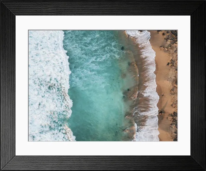 Framed Print : Playa del Aguila, El Cotillo, Fuerteventura. Aerial view directly above waves Framed Print : Playa del Aguila, El Cotillo, Fuerteventura. Aerial view directly above waves
