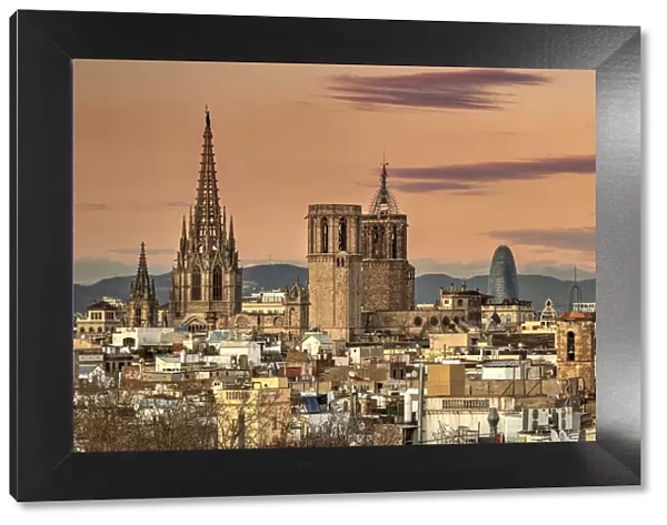 City skyline and Cathedral of the Holy Cross and Saint Eulalia, Barcelona, Catalonia