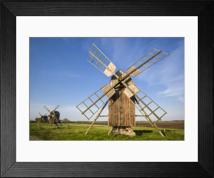 Framed Print : Sweden, Oland Island, Lerkaka, antique wooden windmills Framed Print : Sweden, Oland Island, Lerkaka, antique wooden windmills