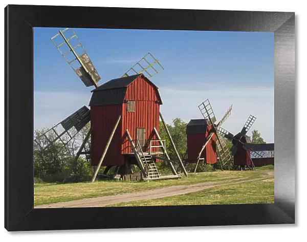 Sweden, Oland Island, Storlinge, antique wooden windmills