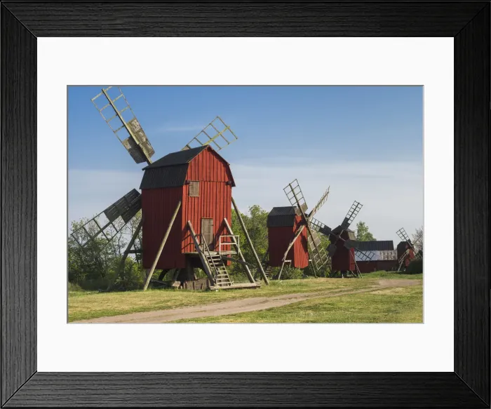Framed Print : Sweden, Oland Island, Storlinge, antique wooden windmills Framed Print : Sweden, Oland Island, Storlinge, antique wooden windmills