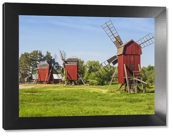 Sweden, Oland Island, Storlinge, antique wooden windmills
