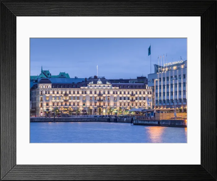 Framed Print : Sweden, Scania, Helsingborg, town view from the port, dusk Framed Print : Sweden, Scania, Helsingborg, town view from the port, dusk