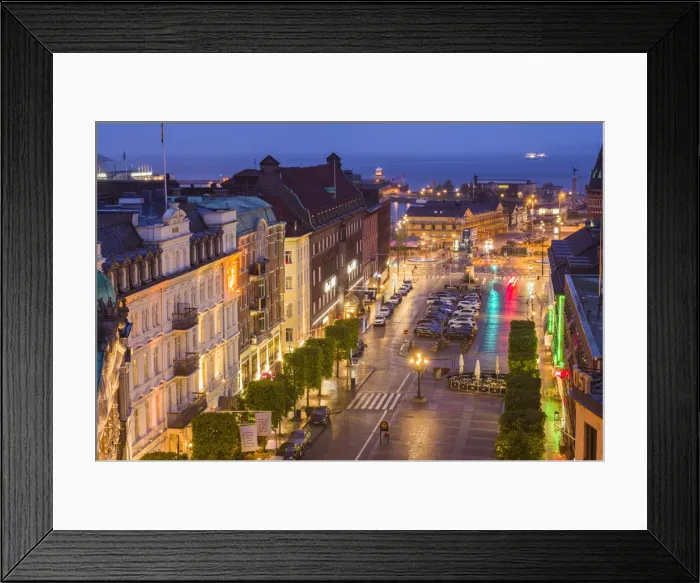 Framed Print : Sweden, Scania, Helsingborg, high angle town view, dusk Framed Print : Sweden, Scania, Helsingborg, high angle town view, dusk