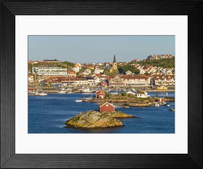Framed Print : Sweden, Bohuslan, Kungshamn, high angle view of town and harbor, sunset Framed Print : Sweden, Bohuslan, Kungshamn, high angle view of town and harbor, sunset