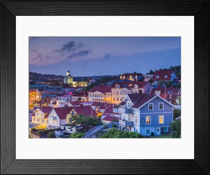 Framed Print : Sweden, Bohuslan, Stromstad, high angle town view, dusk Framed Print : Sweden, Bohuslan, Stromstad, high angle town view, dusk