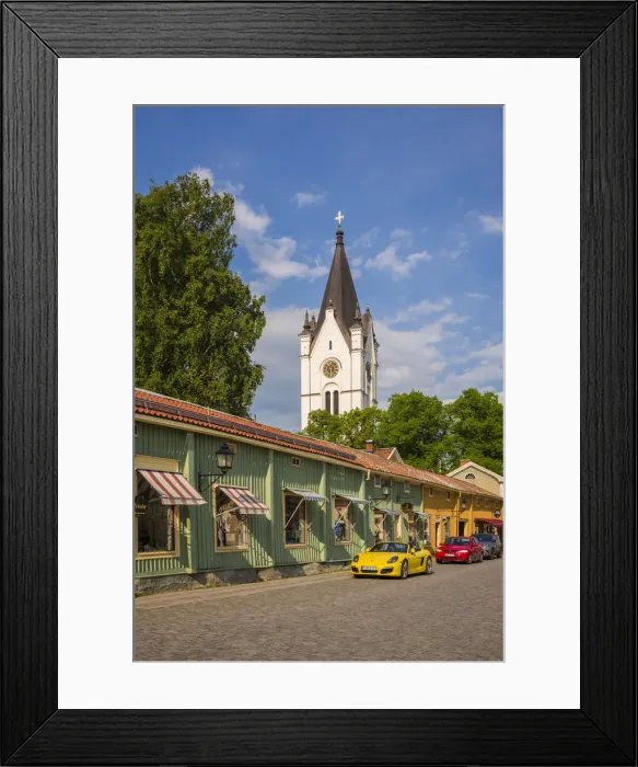 Framed Print : Sweden, Vastmanland, Nora, traditional wooden buildings along the main street with Framed Print : Sweden, Vastmanland, Nora, traditional wooden buildings along the main street with