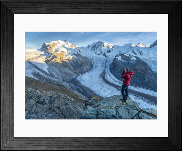 Framed Print : Europe; Switzerland; Valais; Zermatt; Monte Rosa and Gorner glacier with photographer Framed Print : Europe; Switzerland; Valais; Zermatt; Monte Rosa and Gorner glacier with photographer