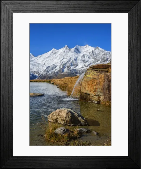 Framed Print : Mountain lake at Kreuzboden with Mischabel mountain range, Ss-Grund, Valais Framed Print : Mountain lake at Kreuzboden with Mischabel mountain range, Ss-Grund, Valais