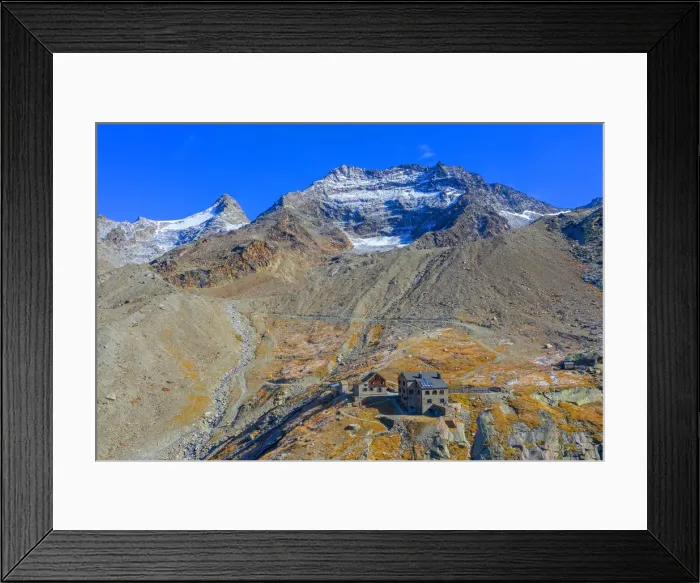 Framed Print : Aerial view on the Weissmies mountain hut and Fletschhorn and Lagginhorn, Ss-Grund, Valais, Switzerland Framed Print : Aerial view on the Weissmies mountain hut and Fletschhorn and Lagginhorn, Ss-Grund, Valais, Switzerland