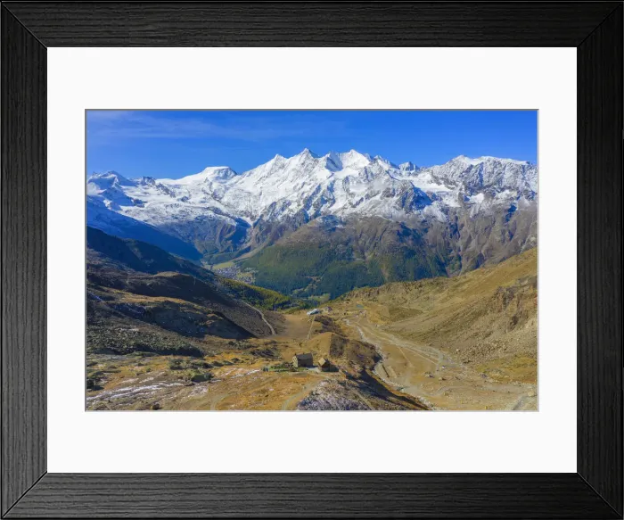Framed Print : Aerial view on the Weissmies mountain hut with Ss-Fee and the Mischabel mountain range, Ss-Grund, Valais, Switzerland Framed Print : Aerial view on the Weissmies mountain hut with Ss-Fee and the Mischabel mountain range, Ss-Grund, Valais, Switzerland