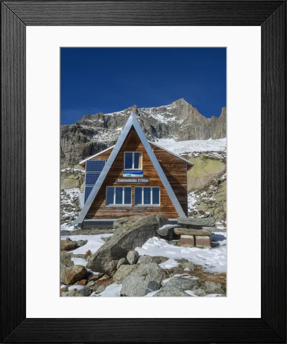 Framed Print : Sidelen mountain hut with Galenstock, Uri, Switzerland Framed Print : Sidelen mountain hut with Galenstock, Uri, Switzerland