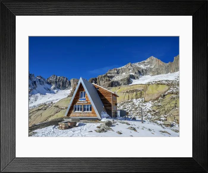 Framed Print : Sidelen mountain hut with Galenstock, Uri, Switzerland Framed Print : Sidelen mountain hut with Galenstock, Uri, Switzerland