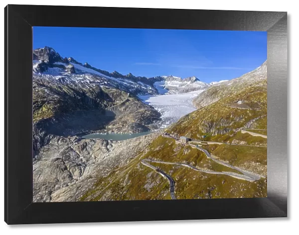 Aerial view on Furka pass road and Rhone glacier, Valais, Switzerland
