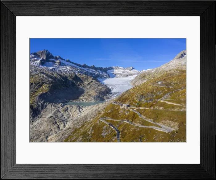 Framed Print : Aerial view on Furka pass road and Rhone glacier, Valais, Switzerland Framed Print : Aerial view on Furka pass road and Rhone glacier, Valais, Switzerland
