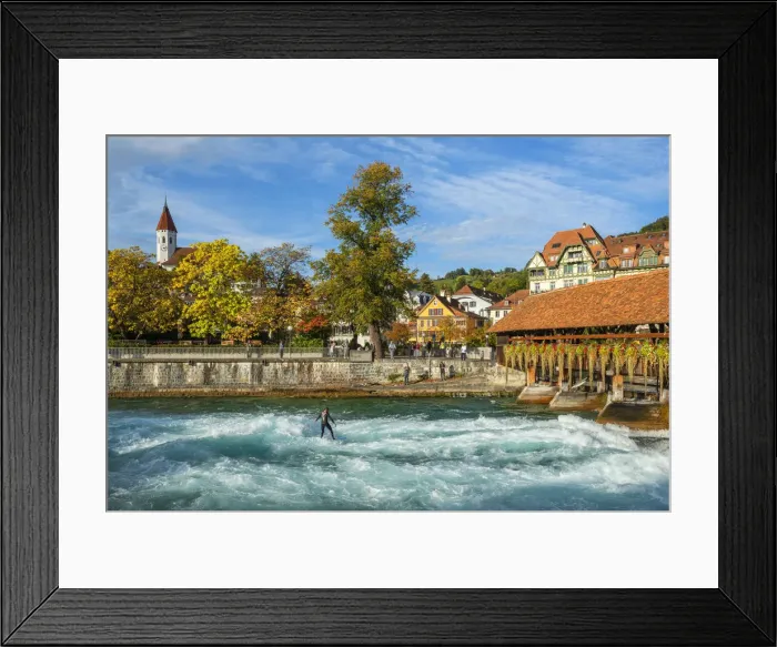 Framed Print : Thun with Scherzligschleuse and surfer on River Aare, Berner Oberland, Switzerland Framed Print : Thun with Scherzligschleuse and surfer on River Aare, Berner Oberland, Switzerland